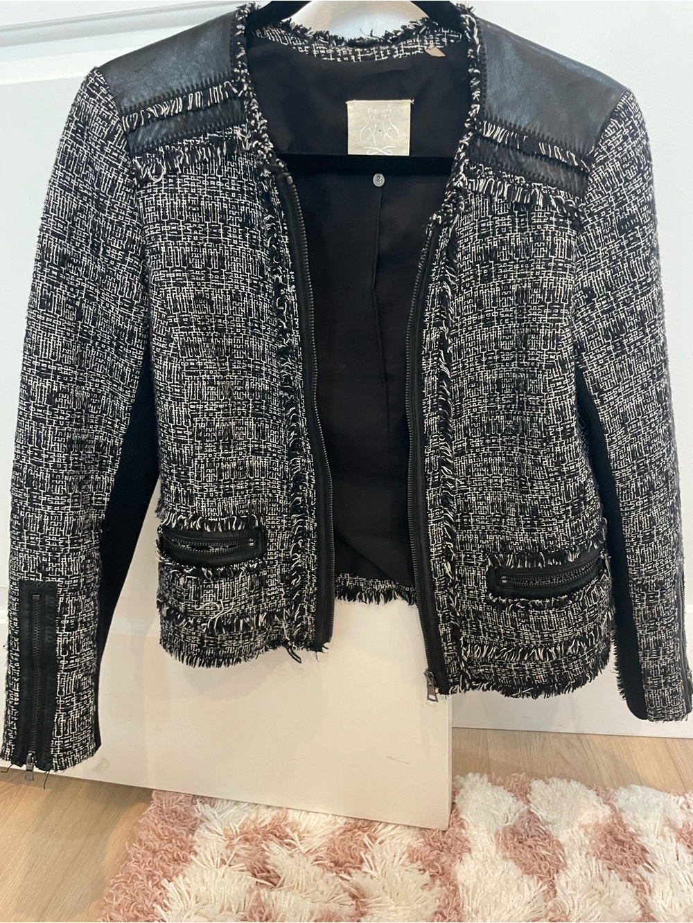 Rebecca Taylor Black & Gray Tweed Jacket with Leather Trim